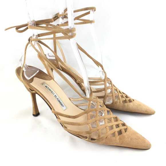 Manolo Blahnik Shoes - Manolo Blahnik Pointy sandals tan suede ankle tie